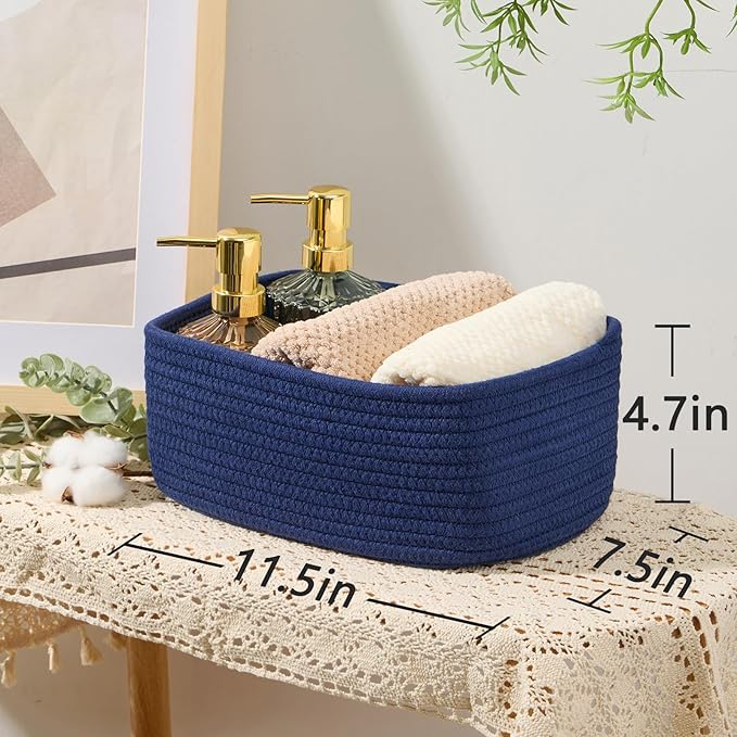 Small Storage Baskets for Organizing | Closet Organizer Bins | Shelf Toy Basket | Woven Rope Baskets | Cube Decorative Box | Shallow Basket | 11.5x7.5x4.7” | 3 Packs Navy Blue