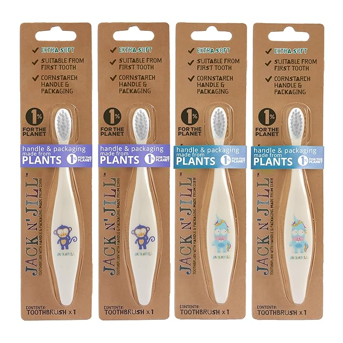 Jack N' Jill Baby & Toddler Toothbrush - 12 Months & Up, Age 2-4, Natural, Soft, Non Toxic, Cornhusk Handle, Kids Toothbrushes for Girls & Boys - Assorted Characters (4 Pack)