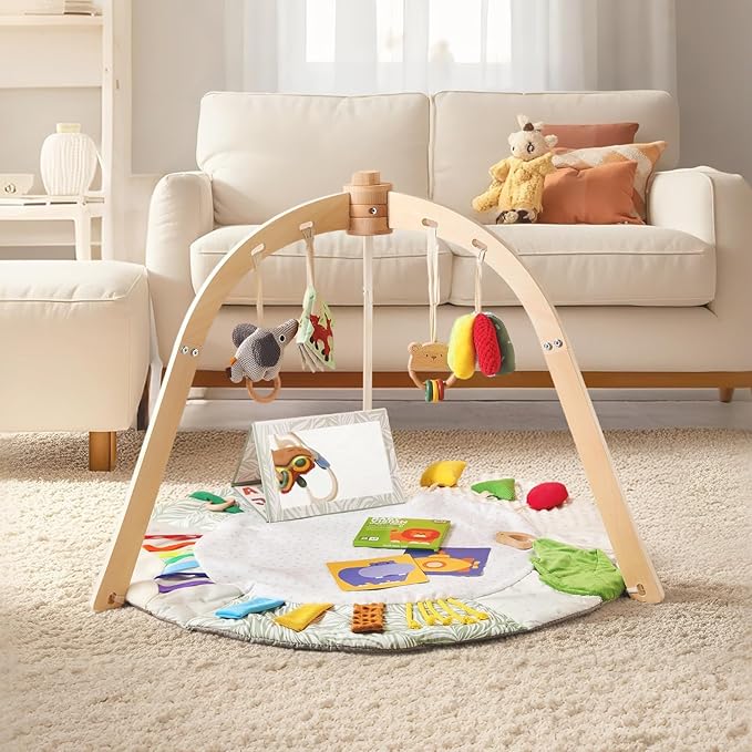 Wooden Baby Play Gym & Tummy Time Playmat – Montessori Sensory Activity Mat with 6 Developmental Toys for Fine Motor Skills – for Newborns to Toddlers (0–12M+)