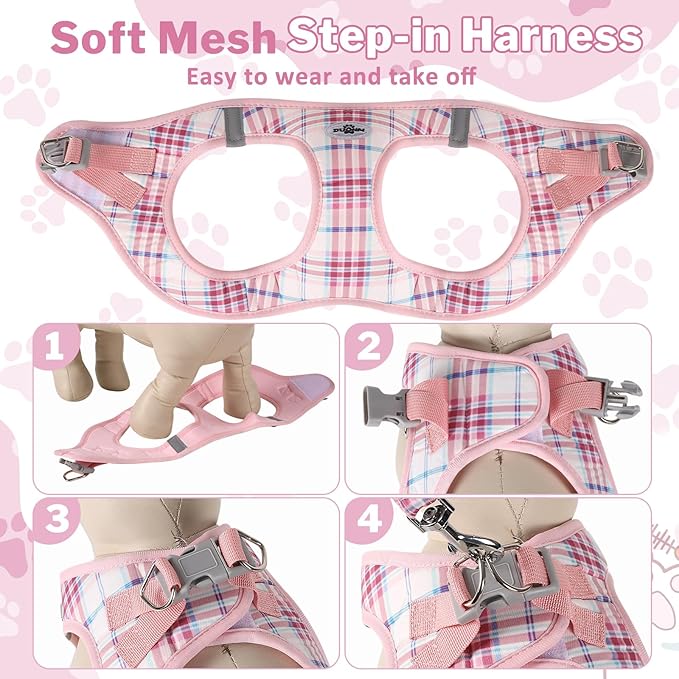 Gyuzh Dog Harness and Leash Set for Puppies - 3 Piece Step in No Pull Vest & Collar, Extra Small Kitten Harness, Breathable Reflective Plaid, Padded Leash (Pink, S)