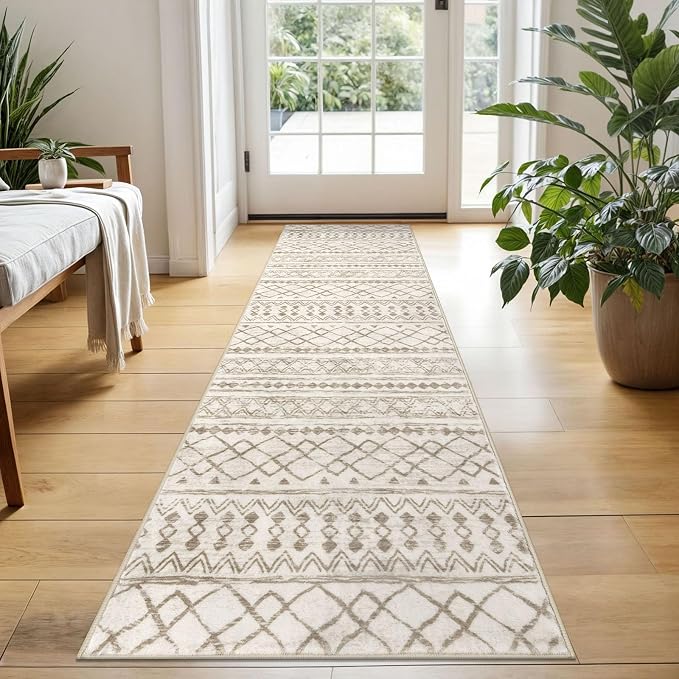 KUTA Boho Hallway Runner Rug 2x5 ft Moroccan Washable Non-Slip Vintage Beige
