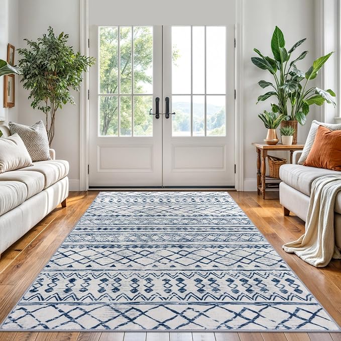 KUTA Area Rug 5x7, Moroccan Large Blue White Rugs Washable Boho Non-Slip