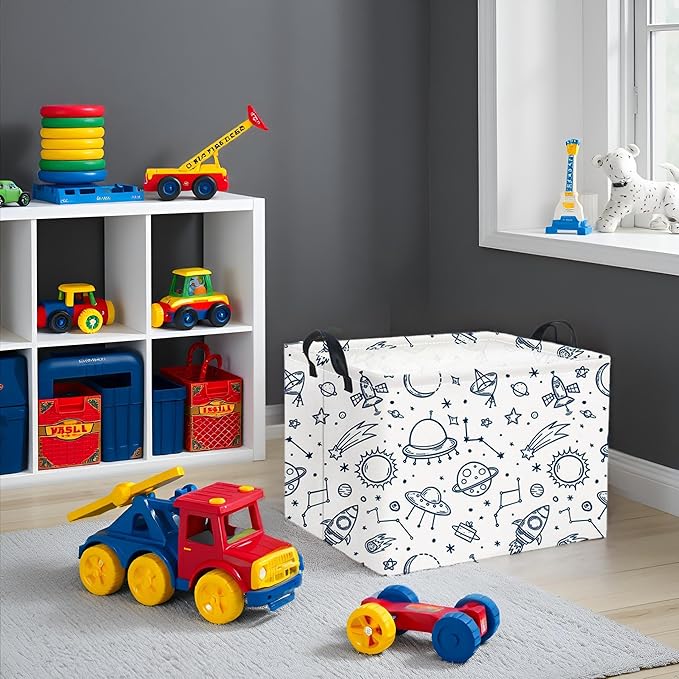 HIYAGON Rectangular Space Basket for Boys Kids Baby Storage Basket Storage Bin Organizer Box Room Decor(Spaceships)