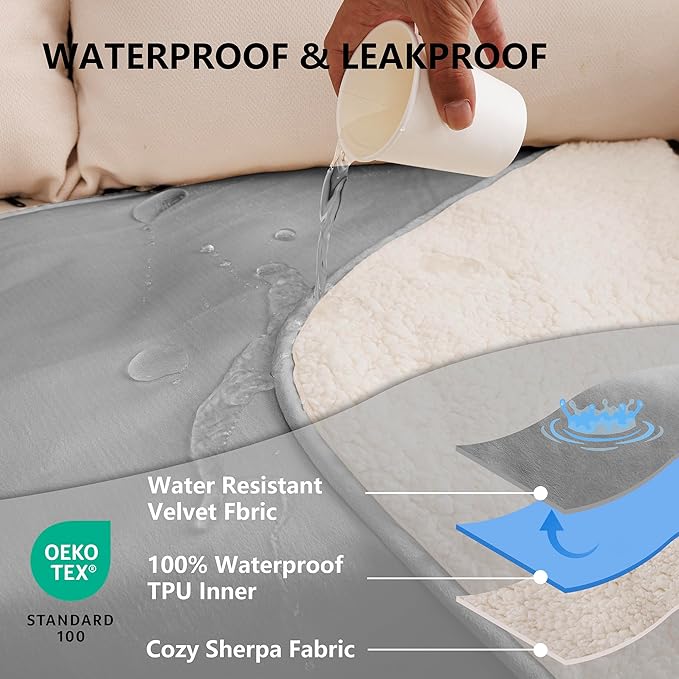 Waterproof Blanket for Couch, Leak Proof Dog Bed Sherpa Throw Blankets Reversible Pet Sofa Furniture Protector Machine Washable-50 x60,Darkgrey