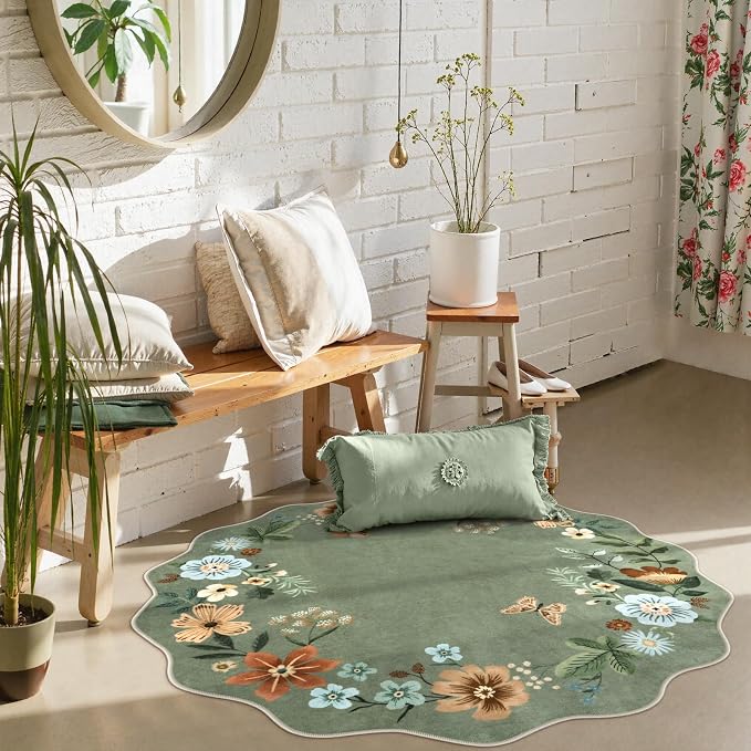 Lahome Floral Round Area Rugs, Washable Small Round Rug 3ft Non-Slip, Soft Boho