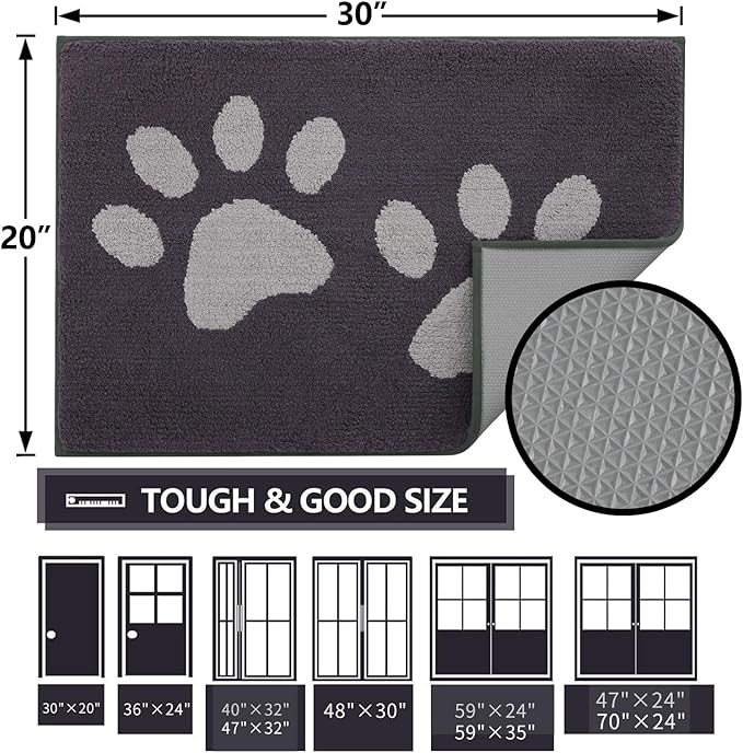 Buganda Dog Door Mat for Muddy Paws, Absorbent Dirt Trapper Washable Indoor Doormats, Non Slip Low-Profile Mud Mat for Dogs, Front Entrance Doormat for Inside Floor (47x20 Inches, Dark Grey)
