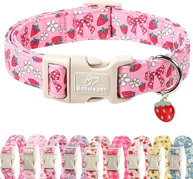 Strawberry Bow Dog Collar for Large Dogs - Cute Pink Spring/Summer Girl Dog Collars, Lightweight Adjustable Female Girly Dogs Collars with Quick Release Buckle L