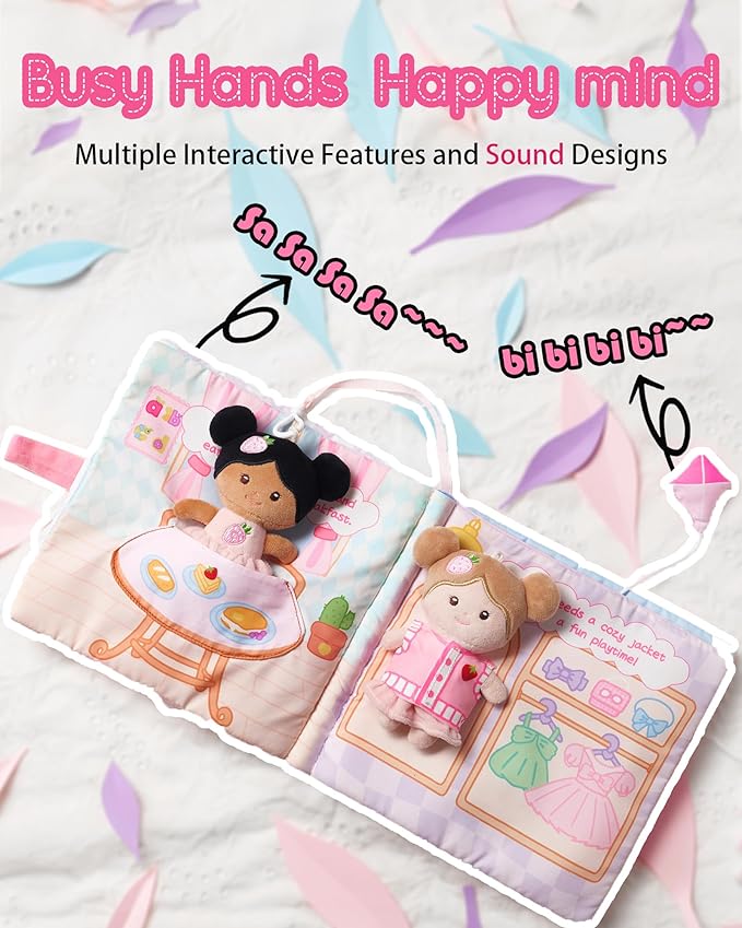 Interactive Sensory Soft Cloth Book, Educational Crinkle Quiet Activity Busy Book for Babies,Toddler Travel Toy Gift for 1-3 Year Old Boys and Girls (A Berry Special Day)-Tanned