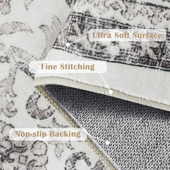 jinchan Floral 3x5 Area Rugs for Entryway - Beige Vintage Distressed Design Doormat Non-Slip Ultra-Thin Low Pile Boho Rug for Kitchen Living Room Bedroom Farmhouse (3‘x5',Beige)