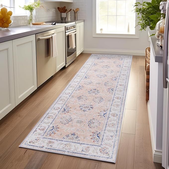 jinchan Hallway Runner Rug 3x8 Machine Washable Runner Rug Pink Vintage Floral Design Non-Slip Low Pile Ultra-Thin for Kitchen Laundry Room Bedroom Farmhouse (3‘x8',Pink)