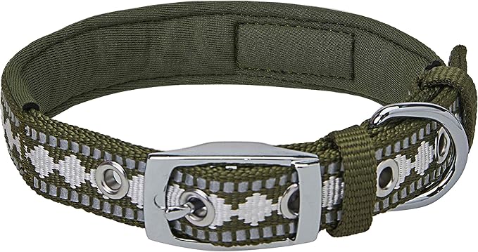 Blueberry Pet Reflective Jacquard Dog Collar with Neoprene Padding & Metal Buckle | Soft & Adjustable Safety Collar - Olive, Neck 9-12.5", for Small Breed