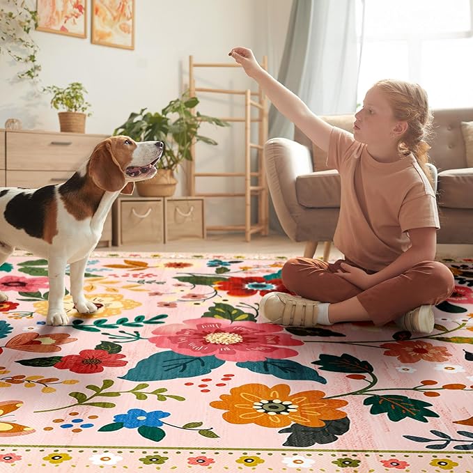 Floral 2x6 Area Rug Machine Washable Soft Print Boho Carpet Non Slip Doormat Low Pile Flower Area Rugs for Living Room Bedroom Nursery Kitchen Dining Room Indoor-Pink