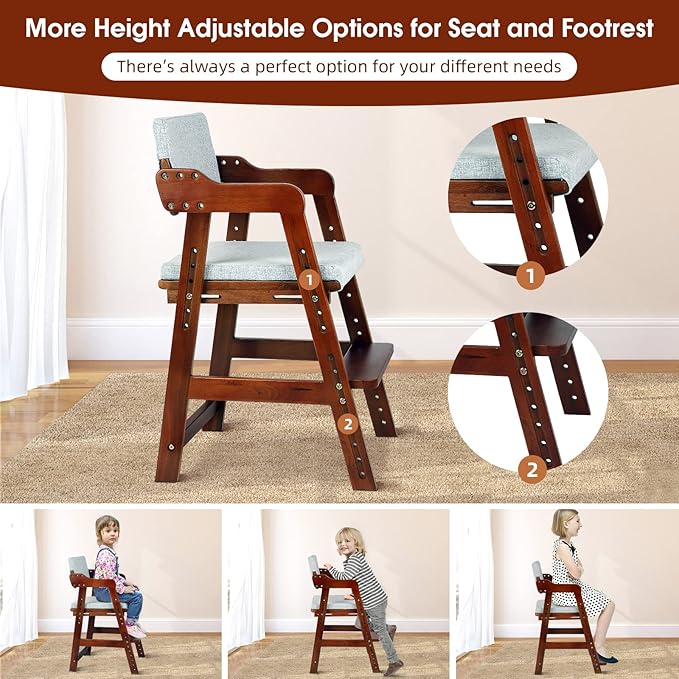 Ezebaby Wooden High Chair for Toddlers to Teens, Adjustable Kids Study & Dining Chair with Steps and Removable Cushion (Nut-Brown)