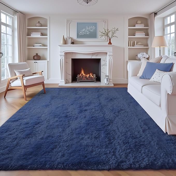 8x10 Area Rug for Living Room: Fluffy Shag Soft Washable Rugs Large Fuzzy Plush Indoor Carpet for Bedroom Nursery Playroom Kids Girls Boys Room (Navy Blue, 8'x10')