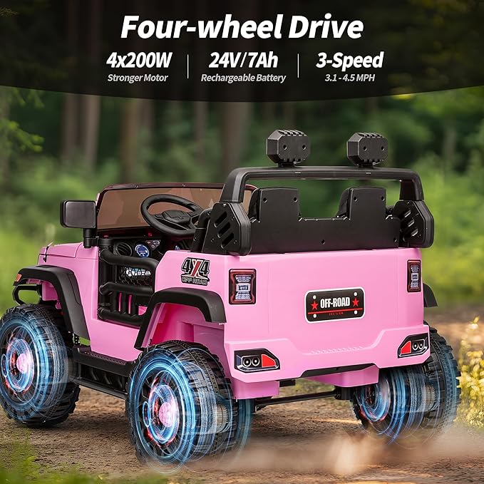 2 Seater Ride on Toy Car for Kids, 24V 4WD Ride-on Truck Kids Electric Car with Remote Control, 4x200W Motors - Light Pink