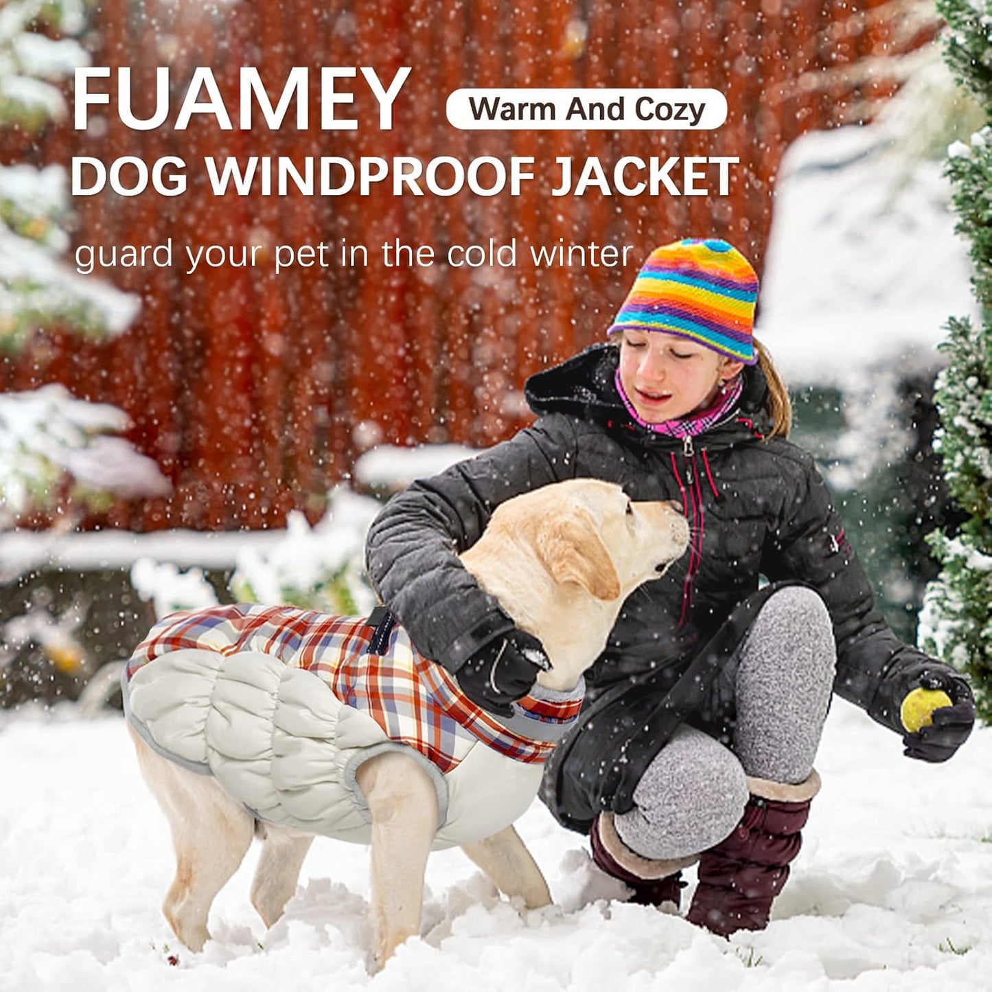 FUAMEY Dog Coat for Large Dogs,Waterproof Dog Winter Jacket with Harness Built in Puppy Cold Weather Coats Reflective Pet Vest with Zipper Warm Fleece Dogs Snowsuit Windproof Red Plaid L