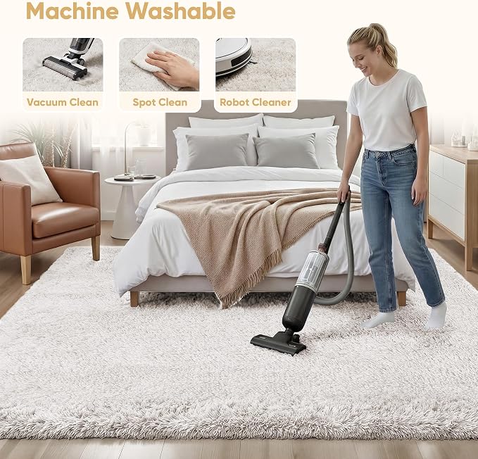 Area Rug for Living Room Bedroom: 9x12 White Soft Fluffy Shag Upgrade Non-Slip