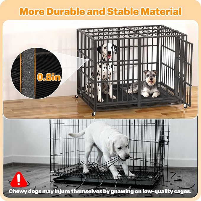 60 Inch Heavy Duty Dog Crate, Indestructible Escape-Proof Dog Kennel for High Anxiety Large Dogs, Strong Metal Pet Cage with Double Doors, Lockable Wheels & Removable Tray, XL XXL XXXL