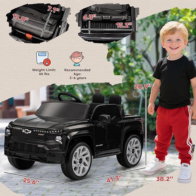 Qaba 12V Kids Ride on Truck, Chevrolet Silverado EV RST Licensed Electric Car with Parent Remote Control, Back Storage, Spring Suspension, Soft Start, Auxiliary Wheels, LED Lights, Music, MP3, Black