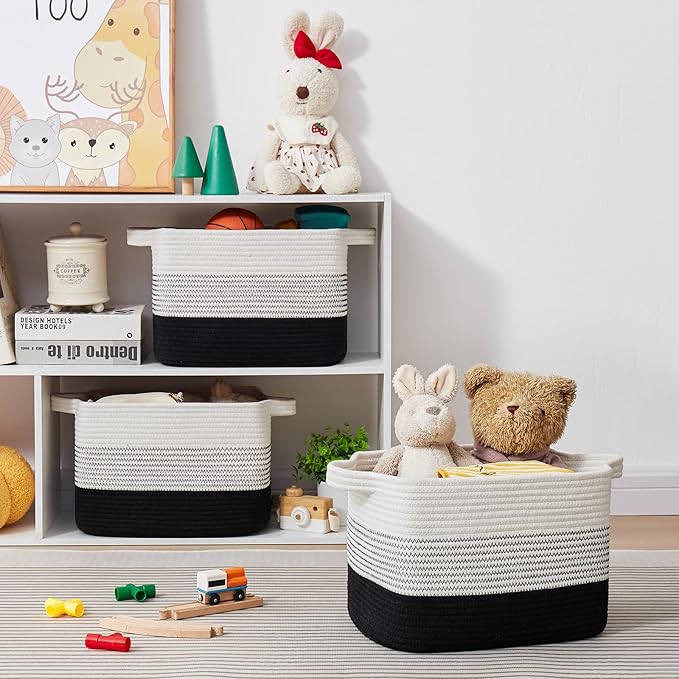 Storage Basket for Organizing, Woven Baskets for Storage, Rectangle Decorative Baskets for Shleves, Closet, Toys, Books, Nursery Organizer Bins - Pack of 3 (Gradient Black)