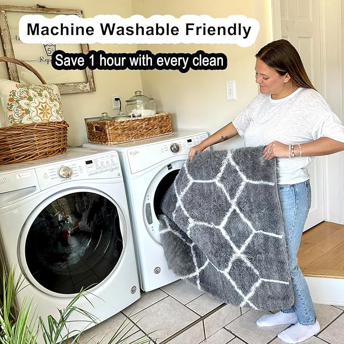 ONASAR 6x9 Area Rugs for Living Room Bedroom, Washable Large Fluffy Grey and White Throw Rug, Geometric Soft Plush Shaggy Floor Carpet for Nursery Kids Girls Boys Teen Dorm Home Decor Aesthetic
