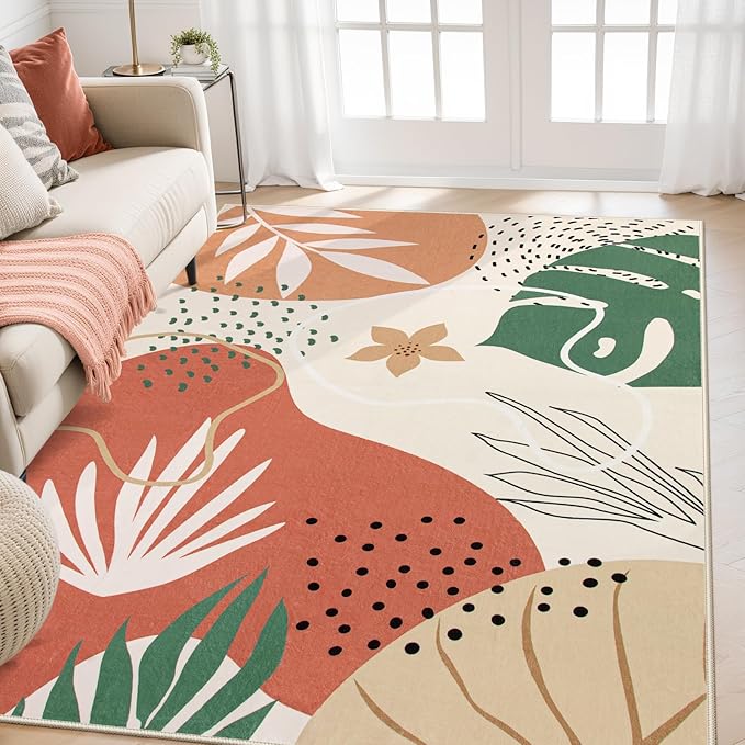 Lahome 4x6 Area Rugs, Washable Rug 4x6 for Living Room Soft Carpet for Bedroom Nursery Kids Room, Botanical Print Non-Slip Low Pile Carpet for Entryway Office Playroom Kitchen, Coral