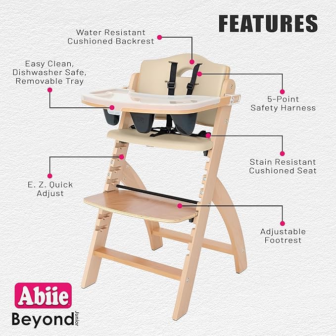 Abiie Beyond Junior Wooden High Chair with Tray - Adjustable and Convertible High Chair for Babies and Toddlers - 6 Months to 250 Lb - Water Resistant - Natural Wood with Beige Cushion