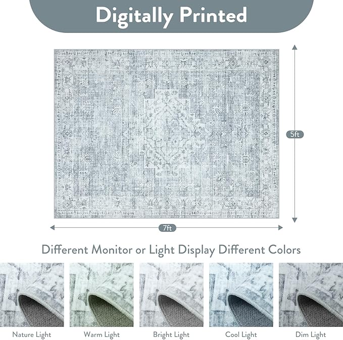 LIVEBOX Washable Area Rug 5x7 Rugs for Living Room Bedroom, Non-Slip Boho Neutral Carpet for Dining Room Office, Low-Pile Farmhouse Soft Carpets for Kids Nursery Room Playroom, Grey
