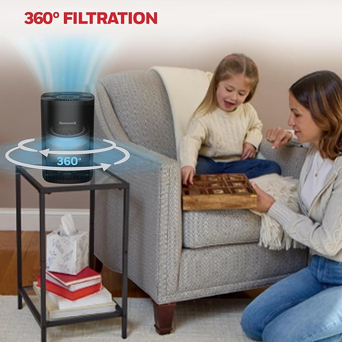 Honeywell Allergen Plus Compact HEPA Small Room Air Purifiers for Home, Up to 530 Ft² Coverage, 3-in-1 Filter, Pet Dander, Smoke & Odor Reducer Air Quality Sensor with Auto Mode, Black, HPA125B
