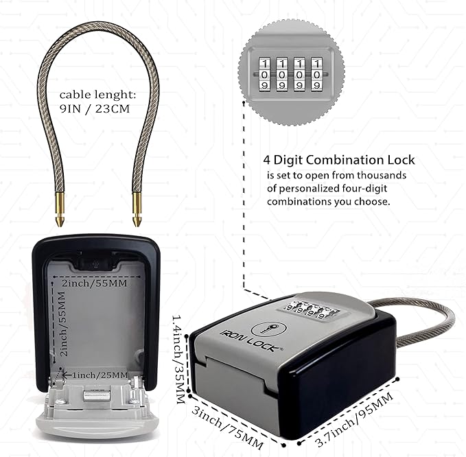 Iron Lock® Key Lock Box Portable with Cable Shackle – Small Waterproof Heavy-Duty Metal Safe with 4-Digit Combination for Spare Keys Outside on Door Knob, Fence, Pipe or Gate (Grey, Small)