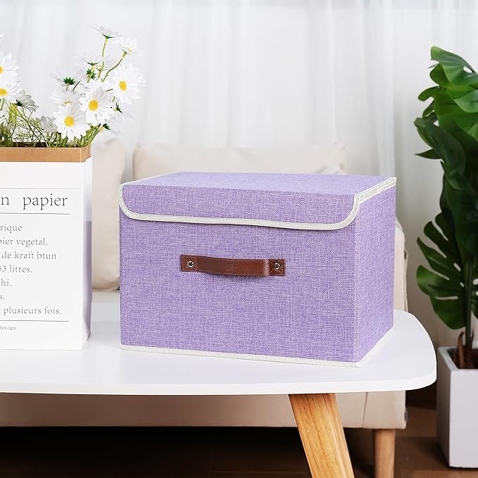 ANMINY Storage Bin with Lid Storage Boxes with PU Leather Handles PP Plastic Board Decorative Foldable Lidded Cotton Linen Fabric Home Cubes Baskets Closet Organizer Container - Purple, Large Size