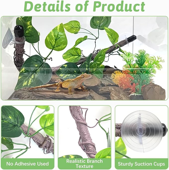 VCEPJH Reptile Climbing Branch Decor 2 Pcs Bendable Jungle Vine with Suction Cup Terrarium Plant Decoration for Gecko Bearded Dragons, Snake,Frogs, Chameleons Cage Accessories (S)