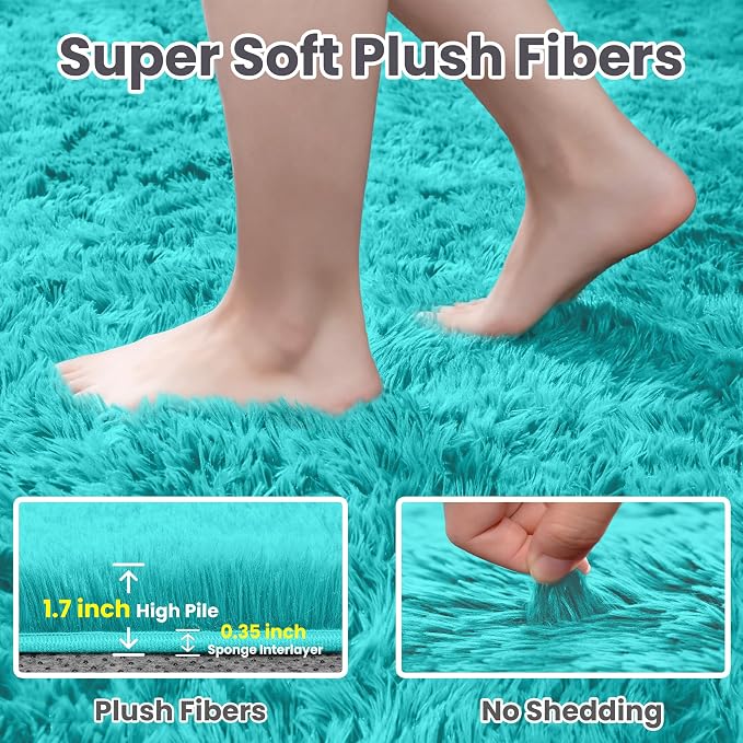 8x10 Area Rugs for Living Room Rug: Soft Fluffy Shag Teal Blue Rugs for Bedroom