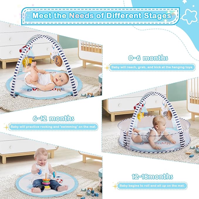 Baby Play Mat, 4-in-1 Baby Play Gym Tummy Time Mat with Ball Pit and 5 Detachable Toys for Newborn to Develop Sensory Exploration and Motor Skill 0-6-12 Months
