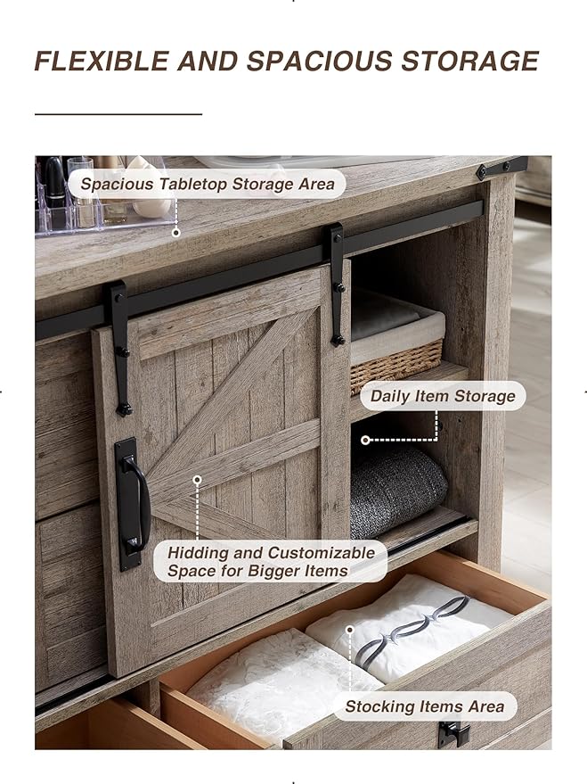 T4TREAM 48'' Farmhouse Dresser for Bedroom w/4 Drawers & Sliding Barn Doors, Tall Chest of Drawers, Rustic Dresser TV Stand w/Shelf, Organizer for Bedroom, Living Room, Foyer,Light Rustic Oak