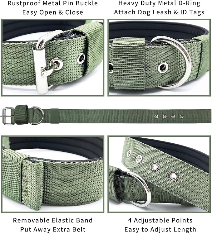 Heavy Duty Tactical Dog Collar - 1.5" Width Military Durable Thick Nylon with Adjustable Metal D Ring & Buckle Working Training K9 Collar for Medium Large Dogs (L(20"-23"), Army Green)