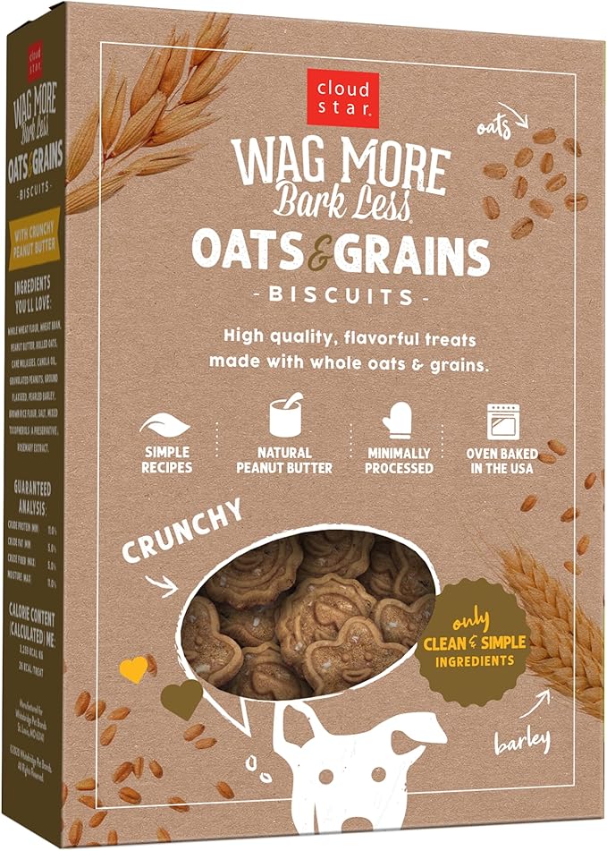 Cloud Star Wag More Bark Less Oats & Grains Crunchy Dog Treats, Peanut Butter, 16 oz. Box