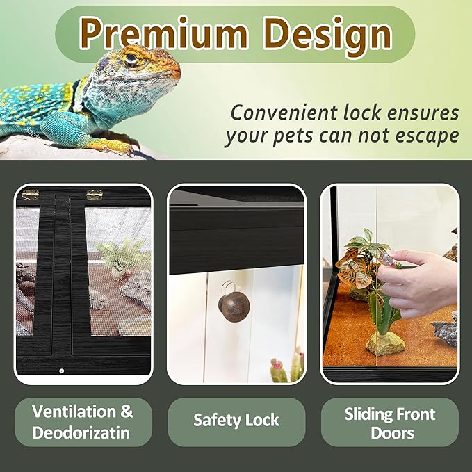 Prolee Tempered Glass Reptile Enclosure with Leg,40“ Scratch-Proof Bearded Dragon Tank,62 Gallon Lizard Tank with Metal Mesh Tops and Lockable Door,Spacious Reptile Habitat for Snake,Lizard (Black)