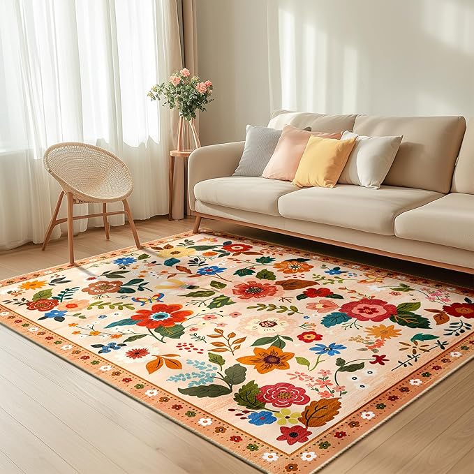 Floral 6x9 Area Rug Machine Washable Soft Print Boho Carpet Non Slip Doormat Low Pile Flower Area Rugs for Living Room Bedroom Nursery Kitchen Dining Room Indoor-Light Orange