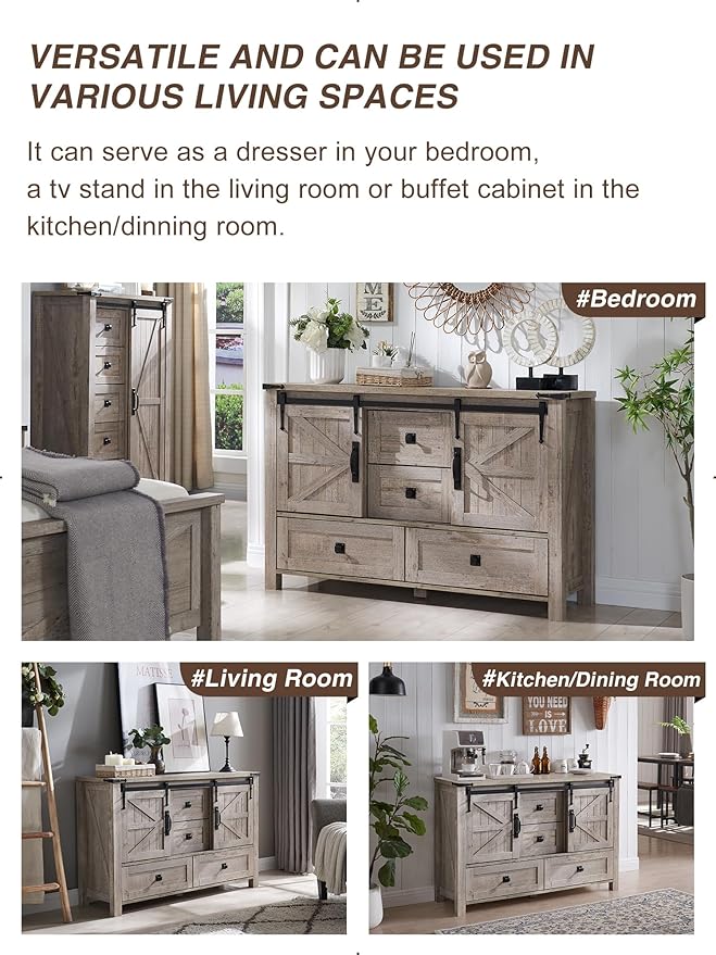 T4TREAM 48'' Farmhouse Dresser for Bedroom w/4 Drawers & Sliding Barn Doors, Tall Chest of Drawers, Rustic Dresser TV Stand w/Shelf, Organizer for Bedroom, Living Room, Foyer,Light Rustic Oak