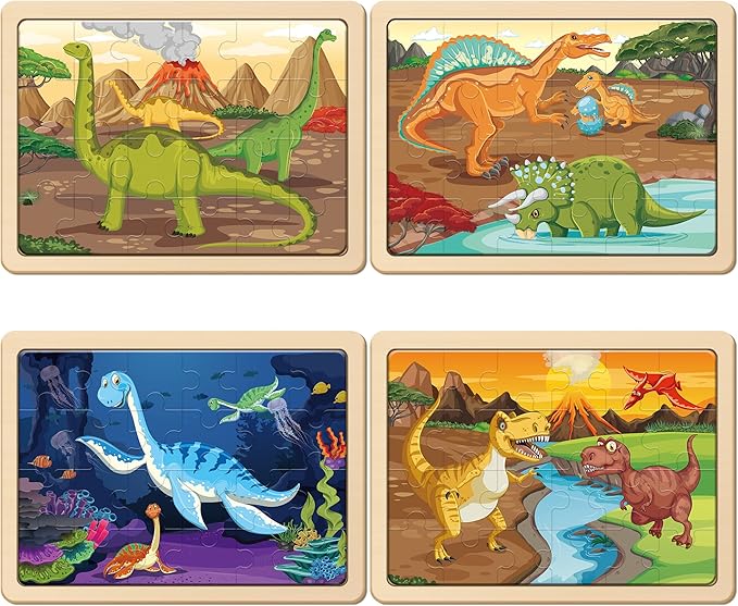 SYNARRY Large Dinosaur Wooden Puzzles for Kids 4 in 1 Gift Box(12.2 * 9.4 in) - FSC Certified, Jigsaw Puzzles for Kids Ages 4-6, Dinosaur Toys Gifts for 3 4 5 Year Old Boys Girls