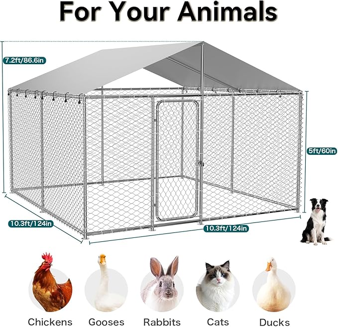 10'x10' Large Outdoor Dog Kennel Outside for Large Dogs, Heavy Duty Dog Enclosure with Wire Mesh Fence, Lock & Waterproof Cover