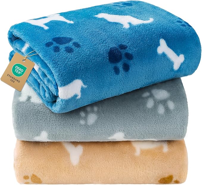Luciphia 1 Pack 3 Blankets, Cute Dog Printed Fluffy Fleece Pet Blanket for Dogs Cats Washable, Warm Soft Throw Cover for Crate Couch, Gifts Puppy Essentials, Blue/Grey/Khaki, Small (23x16 inch)
