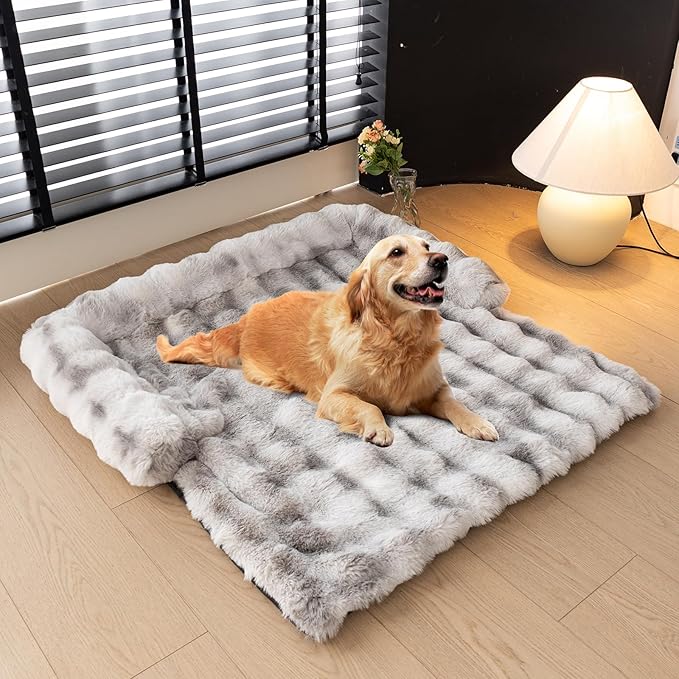 LiveGo Fuzzy Pet Couch Covers for Sofa, Dog Couch Cover Fuzzy Sofa Cover Cream Square Plaid Dog Bed Plush Dog Mat for Furniture Protector for Large Medium Dogs and Cats