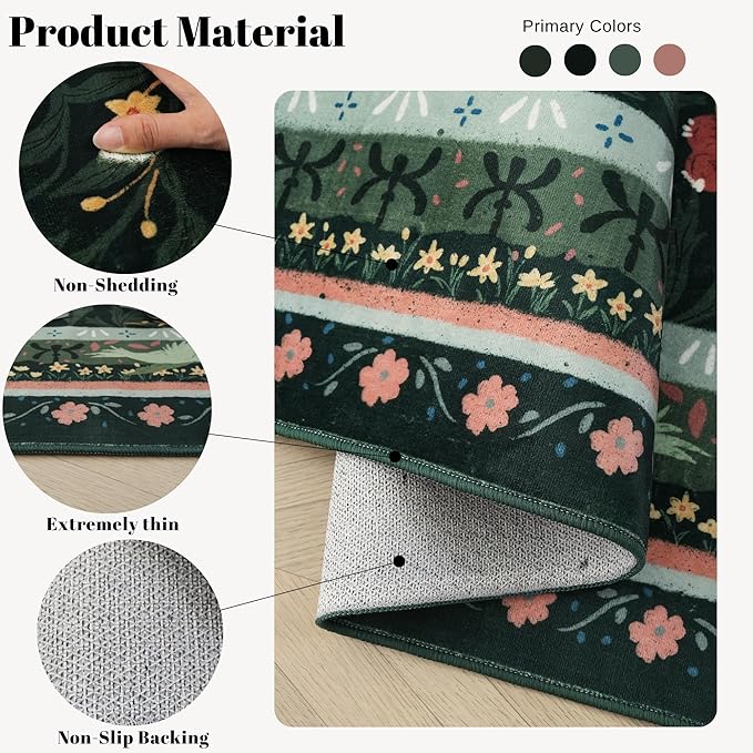 Door Mat Indoor Entrance 2x3 Rug Machine Washable Vintage Floral Botanical Small Area Rug Non-Slip Low Pile Throw Rugs for Entryway, Kitchen, Front Door Entrance, Entry, Kids Room, Green