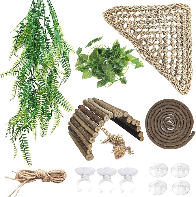 kathson Bearded Dragon Tank Accessories, Large Reptile Hide Wooden Bridge Triangle Hammock Jungle Climber Vines Leaves and Plant Reptile Habitat Decor for Chameleon Lizards Gecko Snakes Climbing