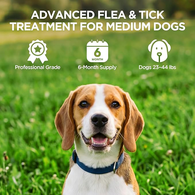 Flea and Tick Prevention for Medium Dogs, 6 Doses Topical Flea Treatment, Helps Control Fleas, Ticks and Lice, for Dogs 23–44 lbs, Waterproof, Fast Acting