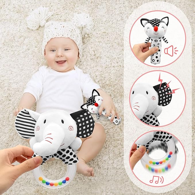 Baby Rattles 0-6 Months Newborn Toys Infant Toys 0-6 Months Rattles for Babies 0-6 Months Baby Toys 0-6 Months, Black and White High Contrast Baby Toys for Newborn 0 3 6 9 12 Months Girls Boys