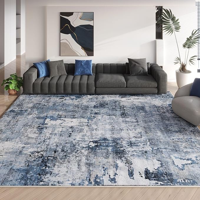8x10 Rug Washable Boho Rug Soft Large Area Rug Non-Slip Non-Shedding Faux Wool Vintage Rug for Living Room, Farmhouse, Dining Room, Indoor, Kids Playroom, Blue