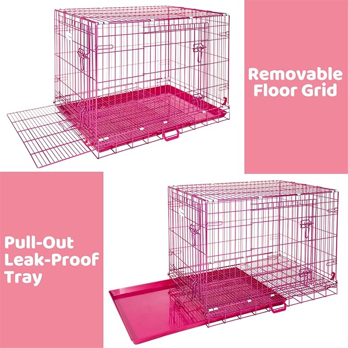 HOMEY PET Pink Dog Cage Large Dogs, Cute 42 Inch Dog Crate Big Collapsible XL Dog Kennel, Nano-Coated Metal Wire Dog Crate with Removable Floor Grid Tray, Double Doors Dual Locks, Portable Handle